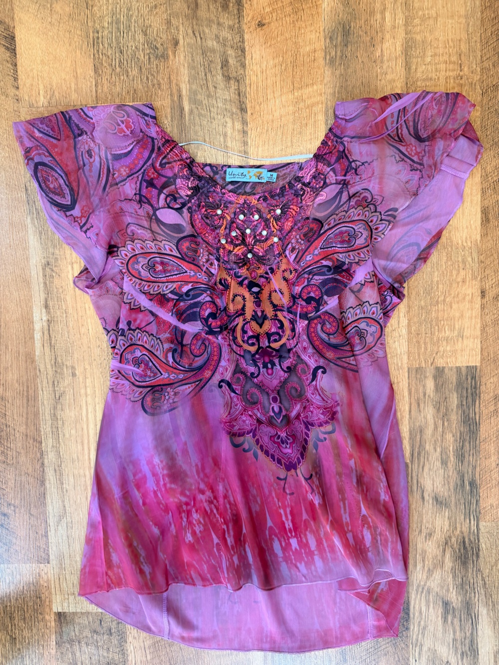 Y2K Vibrant Pink Paisley Embellished Boho Top